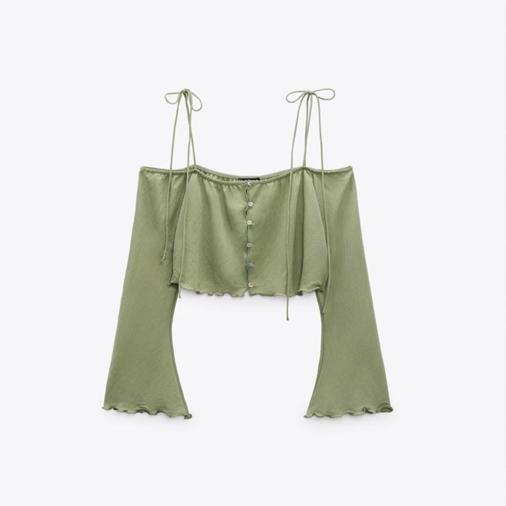 Zara Light Khaki Flowy Crop Top Size M